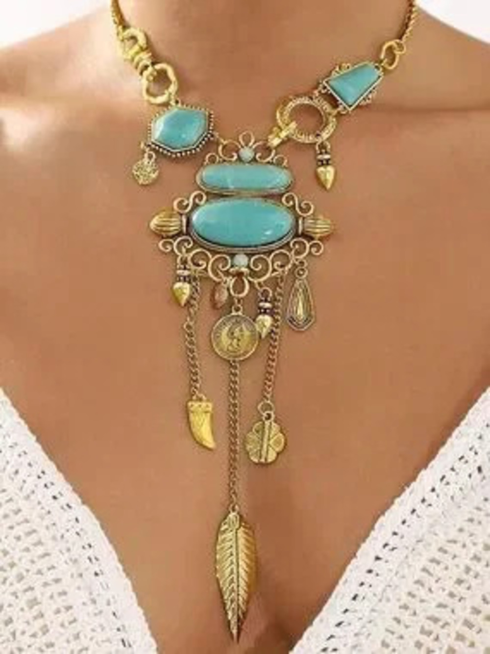 Anthropologie Gold and Turquoise Multicharm Pendant Necklace